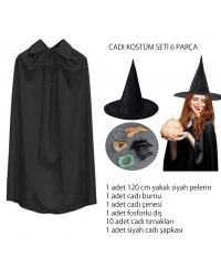 Cadı Kostüm Seti 6 Parça - Şapka Pelerin Diş Tırnaklar Çene ve Burun