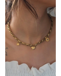 Çelik Gold Renk Kalın Zincir Model Kalp Figür Kadın Kolye