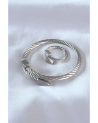 Çelik Gümüş Renk Burgu Model Erkek Bileklik Yüzük Seti