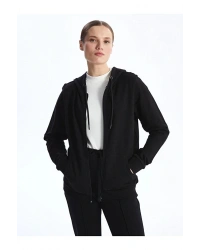 Classic Kapüşonlu Düz Uzun Kollu Kadın Fermuarlı Sweatshirt