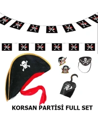 Çocuk Korsan Şapkası + Kancası + Göz Bandı + 2 Adet Yüzük + Afiş Seti