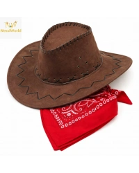 Çocuk Kovboy Şapka Kahverengi & Kırmızı Bandana Seti