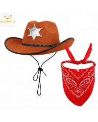 Çocuk Kovboy Şapka Rozetli Kahverengi & Kırmızı Bandana Seti