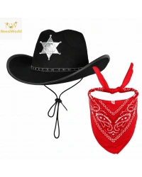 Çocuk Kovboy Şapka Rozetli Siyah & Kırmızı Bandana Seti