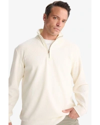 Comfort Fit Dik Yaka Dokulu Yarım Fermuarlı Waffle Sweatshirt