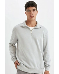 Comfort Regular Fit Rahat Kalıp Fermuarlı Dik Yaka Basic Düz Sweatshirt