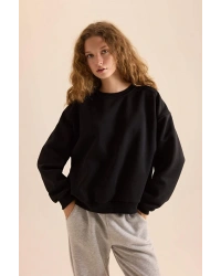 Coool Oversize Geniş Kalıp Bisiklet Yaka Basic Düz Kalın Siyah Sweatshirt