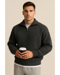 Erkek Antrasit Yarım Fermuarlı Fitilli Triko Kazak