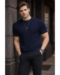 Erkek Bisiklet Yaka Dikine Çizgi Detaylı Yazlık Kısa Kollu Triko Tişört / Lacivert