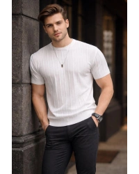 Erkek Bisiklet Yaka Dikine Çizgi Detaylı Yazlık Kısa Kollu Triko Tişört Beyaz