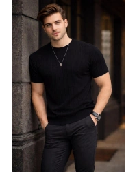 Erkek Bisiklet Yaka Dikine Çizgi Detaylı Yazlık Kısa Kollu Triko Tişört / Siyah