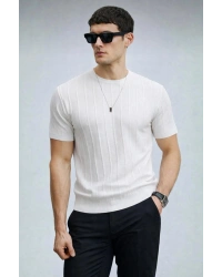 Erkek Bisiklet Yaka Kısa Kollu Yazlık Triko Tişört Beyaz