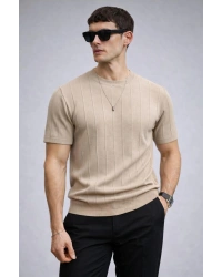 Erkek Bisiklet Yaka Kısa Kollu Yazlık Triko Tişört Bej