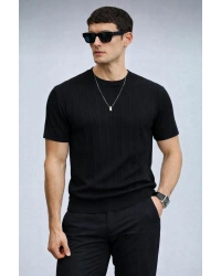 Erkek Bisiklet Yaka Kısa Kollu Yazlık Triko Tişört Siyah