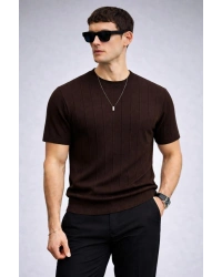 Erkek Bisiklet Yaka Kısa Kollu Yazlık Triko Tişört Kahverengi