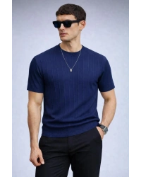 Erkek Bisiklet Yaka Kısa Kollu Yazlık Triko Tişört Lacivert