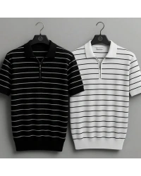 Erkek Çizgili Yarım Fermuarlı Polo Yaka Triko Tişört