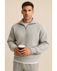 Erkek Gri Yarım Fermuarlı Fitilli Triko Kazak