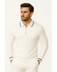 Erkek Polo Yaka Yarım Fermuarlı Regular Fit Kalıp Basic Düz Triko Kazak