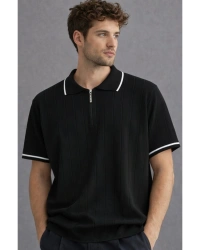 Erkek premium kalite rahat kalıp pamuklu yarım fermuarlı triko tişört Siyah