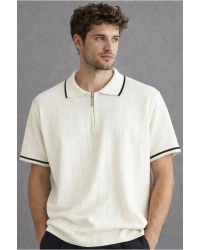 erkek premium kalite rahat kalıp pamuklu yarım fermuarlı triko tişört Beyaz