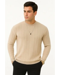 Erkek Slim Fit Dar Kesim Bisiklet Yaka Basic Şeritli Triko Kazak