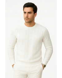 Erkek Slim Fit Dar Kesim Bisiklet Yaka Basic Şeritli Triko Kazak