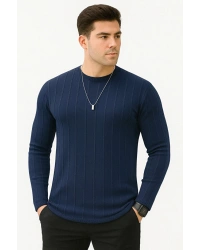 Erkek Slim Fit Dar Kesim Bisiklet Yaka Basic Şeritli Triko Kazak