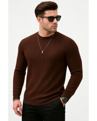 Erkek Slim Fit Dar Kesim Bisiklet Yaka Basic Şeritli Triko Kazak