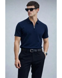 Erkek Yarın Fermuarlı Slim Fit Kısa Kollu Triko Tişört Lacivert