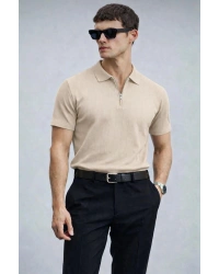 Erkek Yarın Fermuarlı Slim Fit Kısa Kollu Triko Tişört Bej