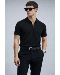 Erkek Yarın Fermuarlı Slim Fit Kısa Kollu Triko Tişört Siyah