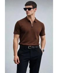 Erkek Yarın Fermuarlı Slim Fit Kısa Kollu Triko Tişört Kahverengi
