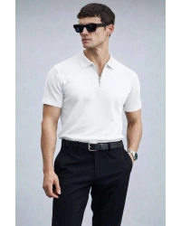 Erkek Yarın Fermuarlı Slim Fit Kısa Kollu Triko Tişört Beyaz