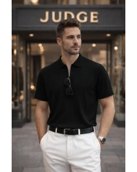 Erkek Yazlık Kısa Kollu Polyemid Yüksek Kalite Düz Yarım Fermuarlı A Kalite Tişört / Siyah