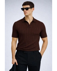 erkek yazlık kısa kollu slim fit polyemid kumaş kalitesi triko tişört Kahverengi