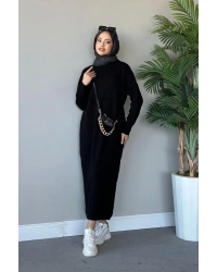 Fitilli Triko Elbise Siyah