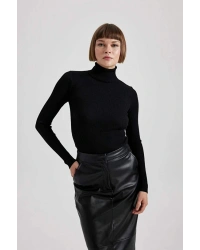 Fitted Balıkçı Yaka Basic Düz Triko Kazak Siyah