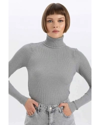 Fitted Balıkçı Yaka Basic Düz Triko Kazak Gri