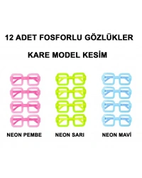   Fosforlu Kare Model Glow Parti Gözlüğü Karanlıkta Yanan Gözlükler 12 Adet