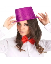 Fuşya Pembe Renk Parıltılı Simli Fötr Silindir Parti Şapkası