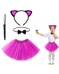 Fuşya Renk Etekli Kedi Kostüm Seti (Tütü, Taç, Papyon, Kuyruk)