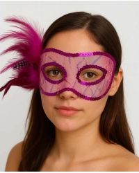 Fuşya Renk Yandan Tüylü Pul Payet İşlemeli Parti Maskesi 23x12 cm