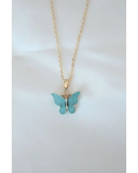 Gold Kaplama Turkuaz Renk Sedefli Kelebek Kolye