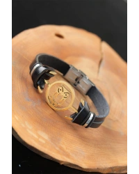 Gold Renk Baykuşlu Metal Aksesuarlı Siyah Renk Deri Erkek Bileklik