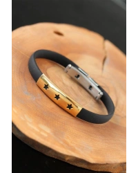 Gold Renk Çelik Yıldızlı Tasarım Siyah Renk Silikon Erkek Bileklik