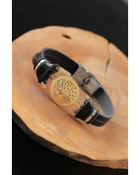 Gold Renk Metal Ağaçlı Tasarım Siyah Renk Deri Erkek Bileklik