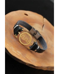 Gold Renk Metal Labirent Tasarım Siyah Renk Deri Erkek Bileklik