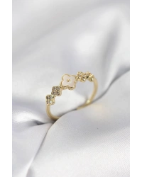 Gold Renk Minimal Yonca ve Zirkon Taşlı Kadın Yüzük