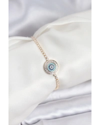 Gold Renk Nazar Model Zirkon Taşlı Asansörlü Su Yolu Bileklik